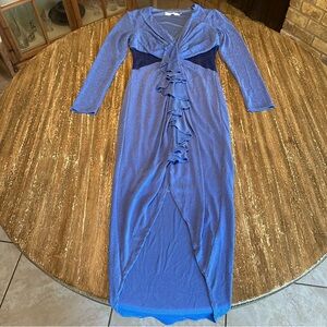 Women's SHO Wedding Formal Prom Sparkle Sheer Long Sleeve Dress Blue, X-Small